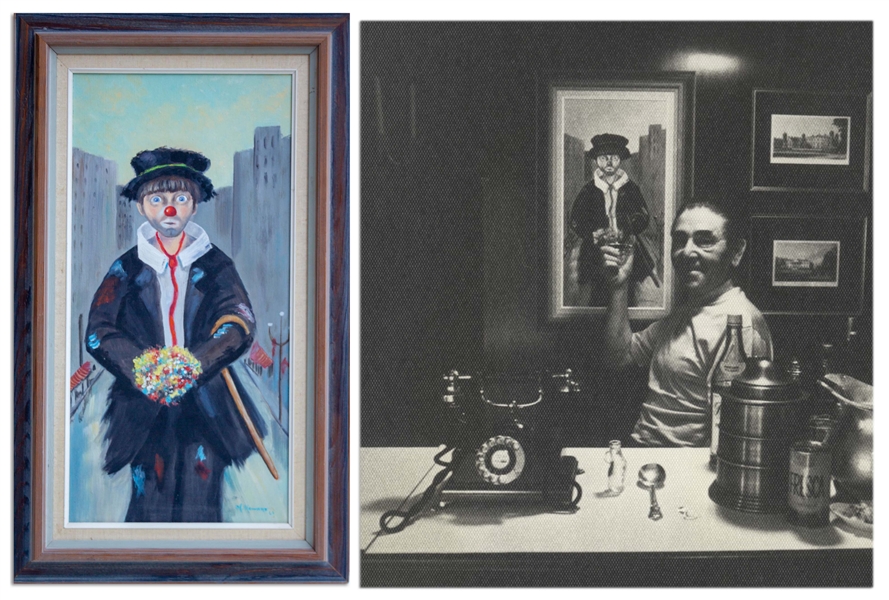 Oil Painting of Moe Howard as a Clown, Painted by His Wife Helen -- Painting Hung in the Howards Wet Bar, With Two 7'' x 5'' Photos Included -- Painting Measures 18'' x 30'' in Frame -- Near Fine